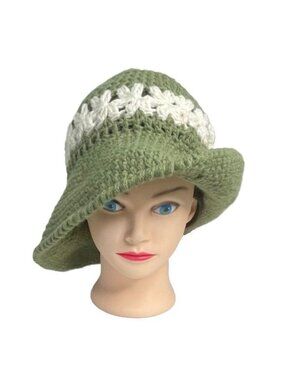 Crochet Hat Cloche Bucet Derby Style Green w/ White Flower Band Handmade NEW